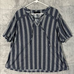 Como Black Blue White Peasant Criss Cross Stretch Flowy Top Size 1X